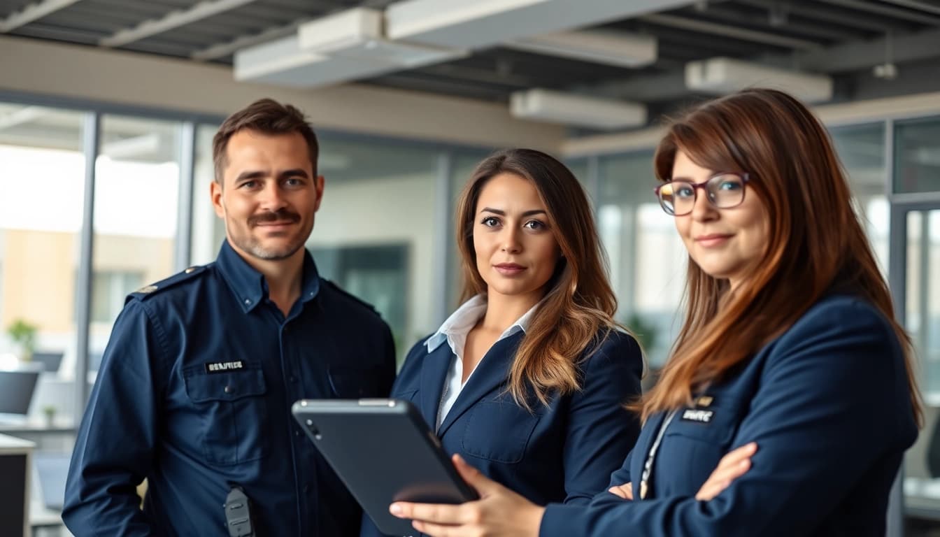 Security agency professionals collaborating in a corporate setting, showcasing teamwork and vigilance.