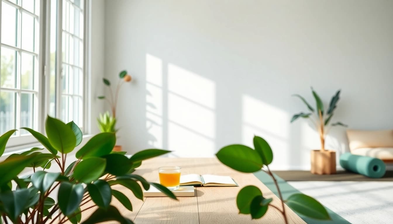 Embrace mental wellness in a tranquil workspace showcasing natural light and calming elements.