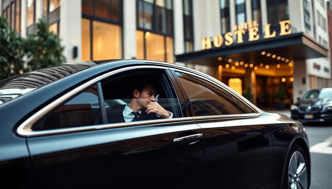 Chauffeur Nottingham providing professional service in elegant black car outside luxury hotel.