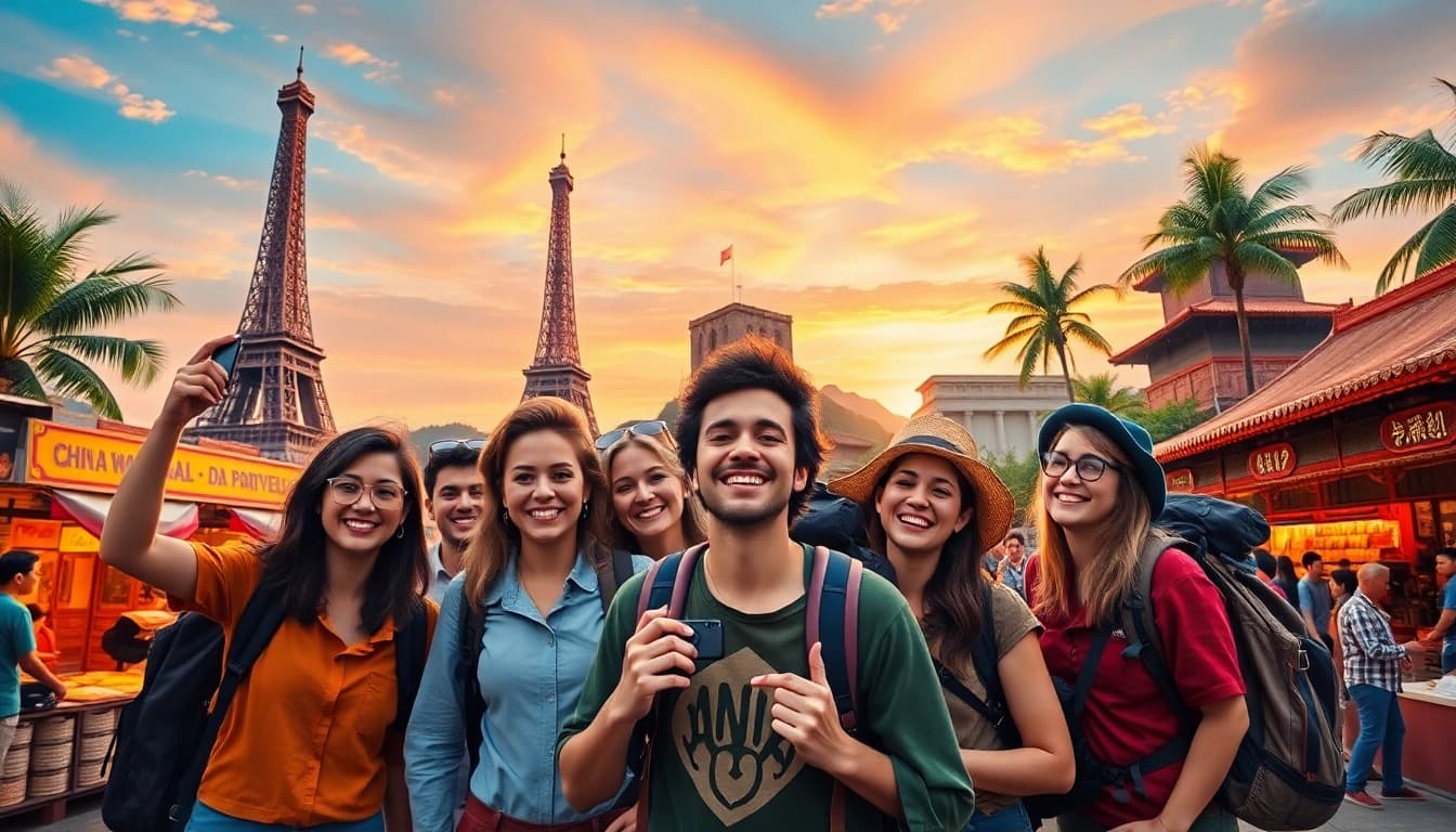 Plan exciting round the world holidays with travelers capturing memories around famous landmarks.