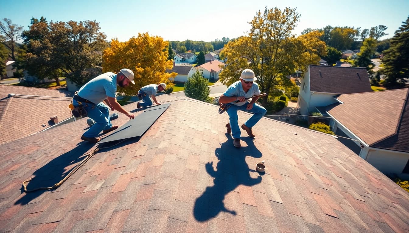 Workers installing a roof in South Jersey, showcasing craftsmanship and teamwork.