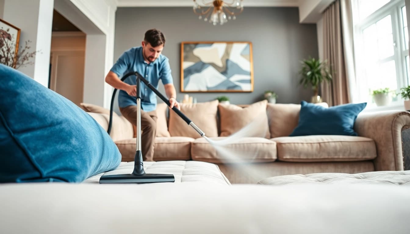 Upholstery cleaning in Glasgow performed by a technician in a stylish living room setting.