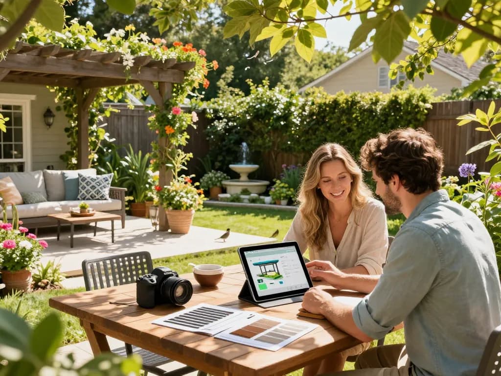 Couple using a pergola configurator in a vibrant garden setup