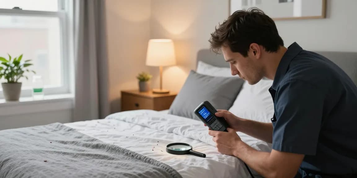 Professional exterminator conducting bed bug pest control inspection in Milwaukee bedroom, showcasing calm and discreet service.
