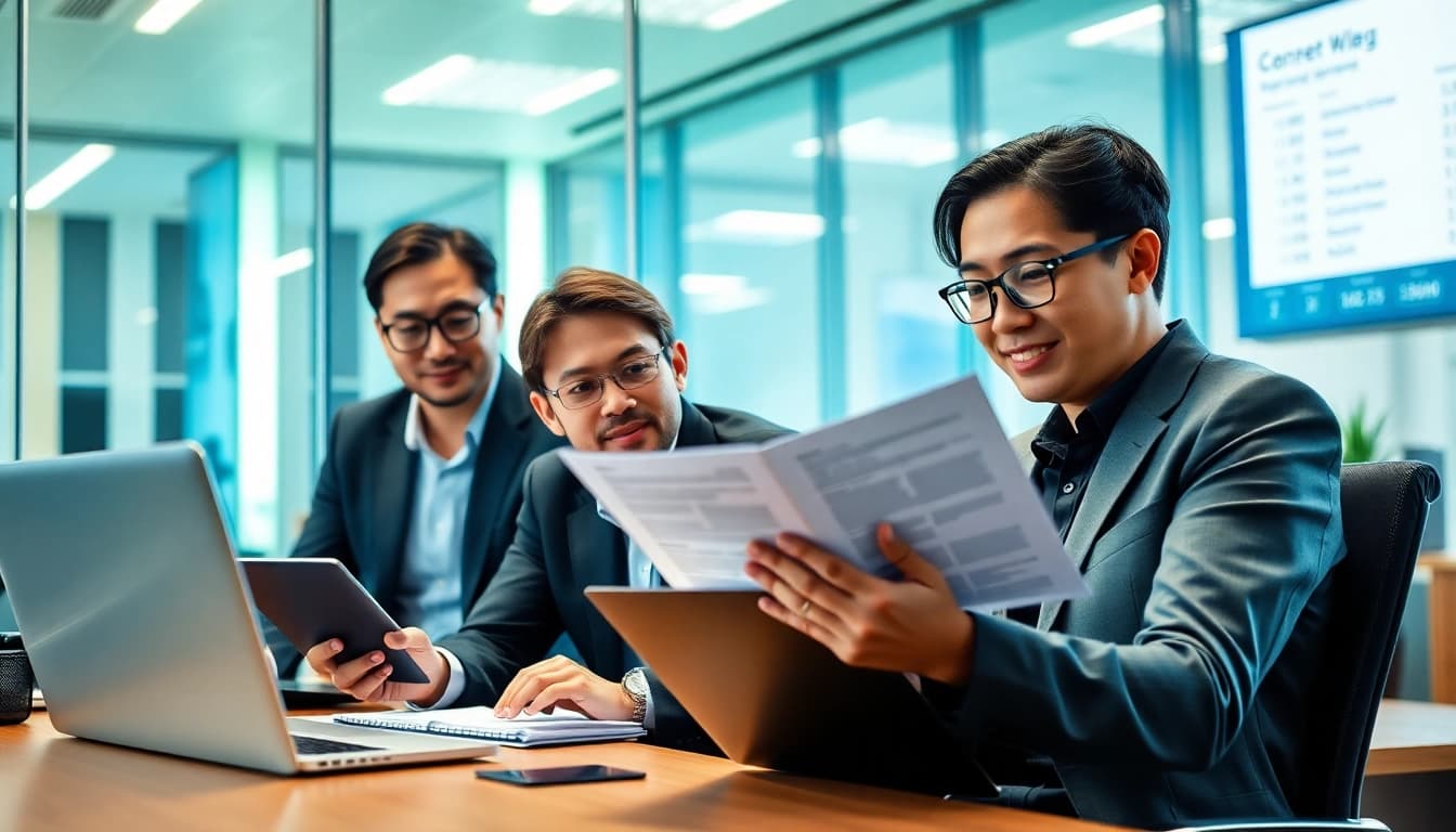 Set up a company in the US: entrepreneurs in a modern office analyzing documents and utilizing technology.