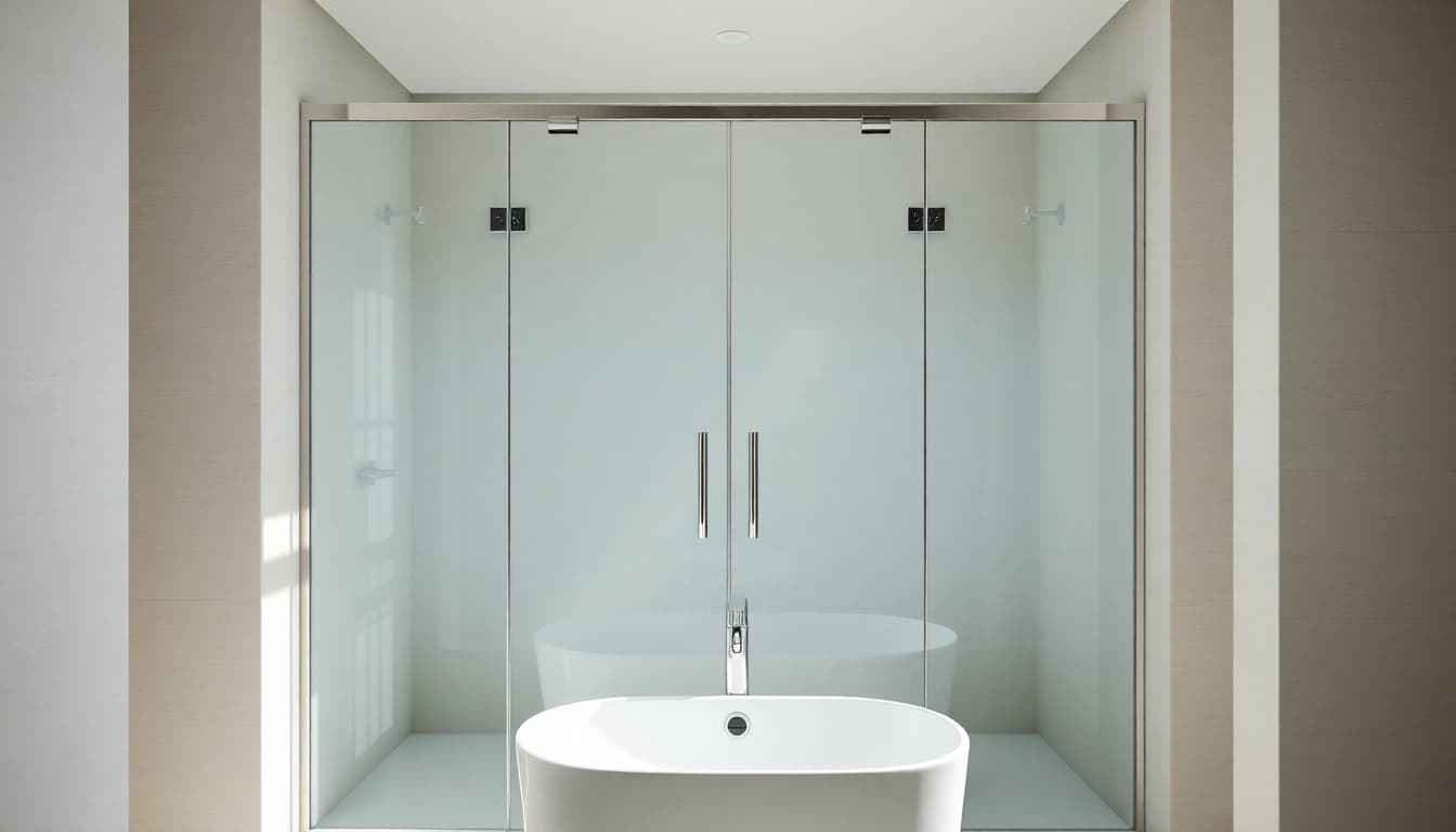 Capture of glass shower doors in a stylish bathroom with polished chrome accents.