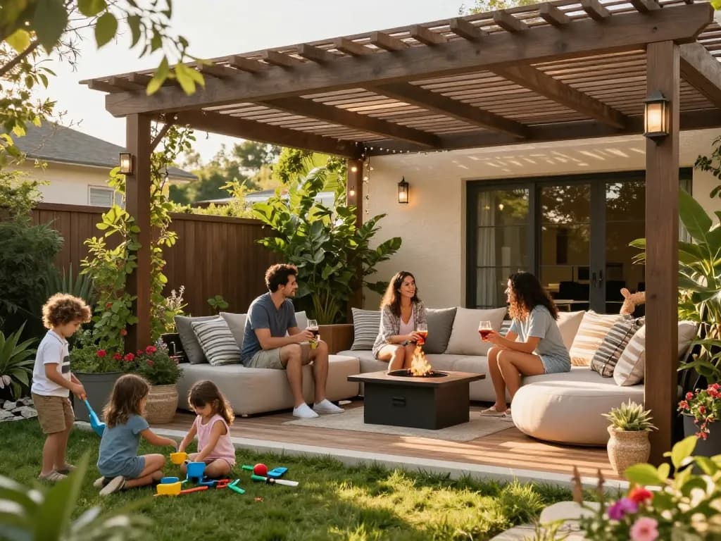Family gathering under a pergola configurator-designed structure in a vibrant backyard.