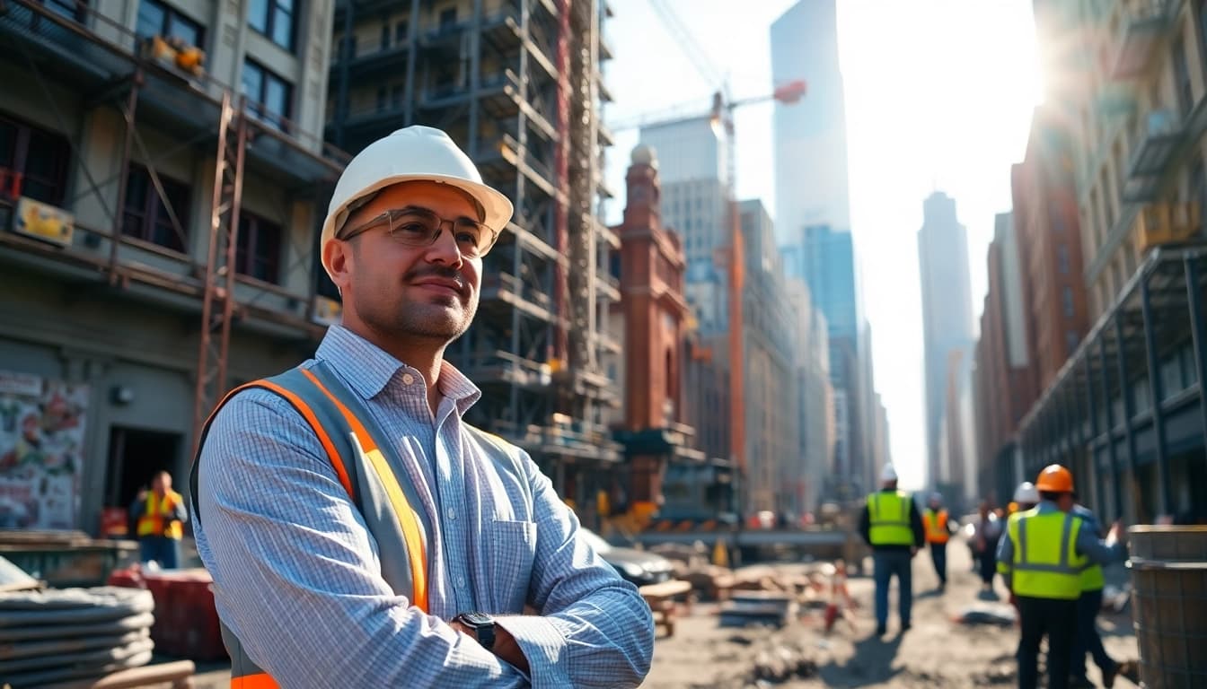 New York City General Contractor overseeing a bustling construction site with cranes and workers.