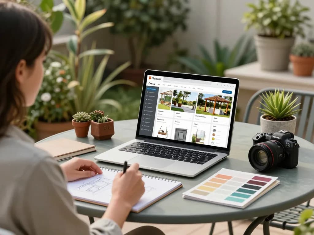 Personne utilisant un configurateur pergola en ligne sur un ordinateur portable, entourée d'échantillons de design et d'un jardin vibrant.