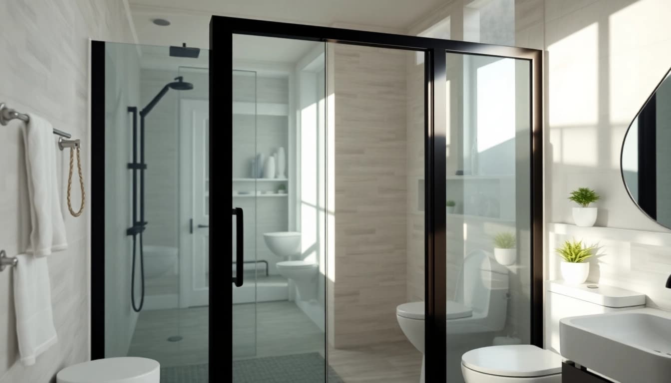 Stylish black frame shower doors complement a modern bathroom design with elegant details.