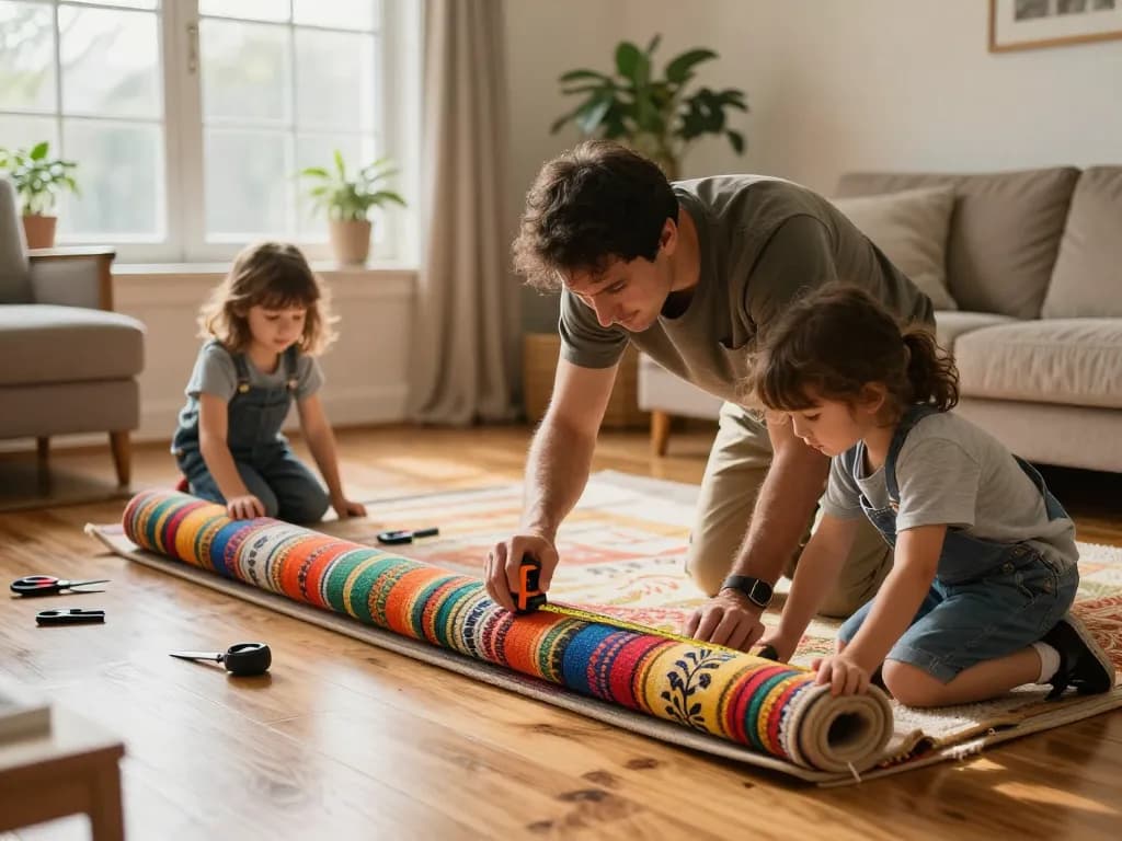 Family engaging in home carpet fitting services in a cozy living room.