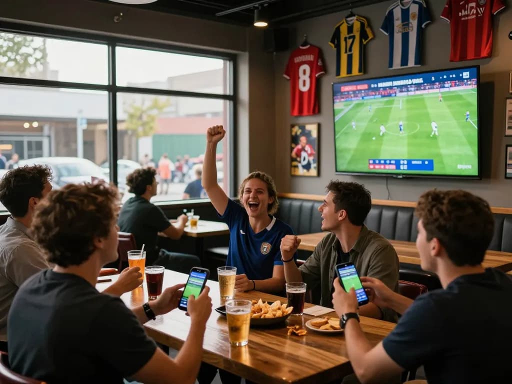 Fans celebrating while watching NOWGOAL live scores in a vibrant sports bar atmosphere.