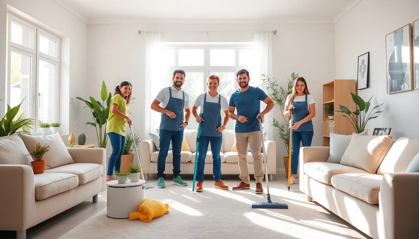 Home cleaning services near me showcased by a professional team in a bright living room.