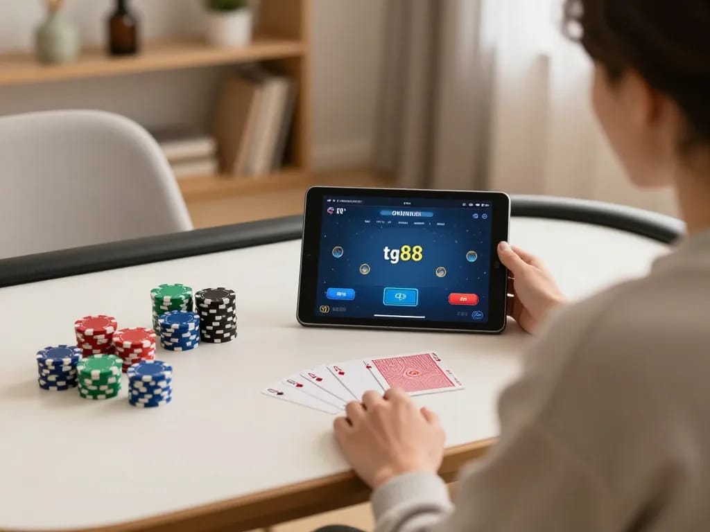 Engaged player using tg88 app for poker strategy at home, showcasing colorful cards and chips.
