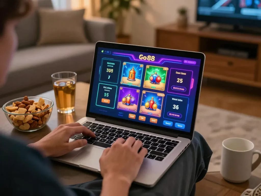 Engaged Go88 player enjoying vibrant online casino experience in cozy home setting