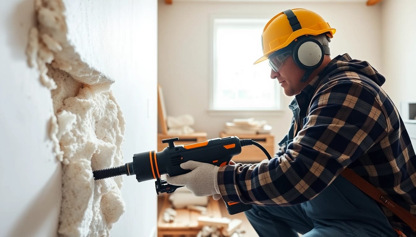 Action shot of a spray foam insulation removal contractor efficiently removing insulation