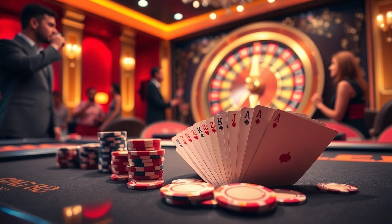 An exhilarating gaming scene at open88, showcasing a modern casino table with vibrant poker chips and spinning roulette wheel.