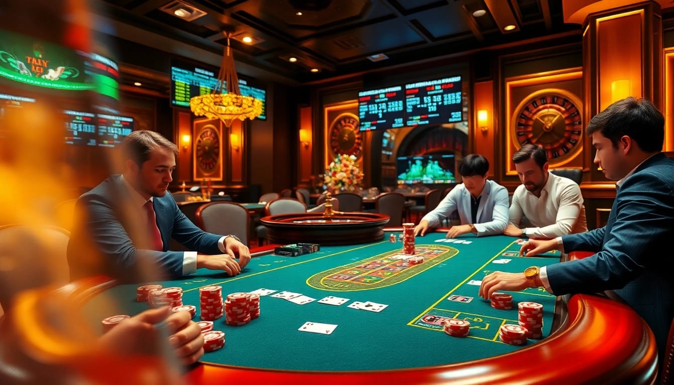 Engaging players at a poker table representing high-stakes excitement at https://jbo.center/ with vibrant chips and cards.