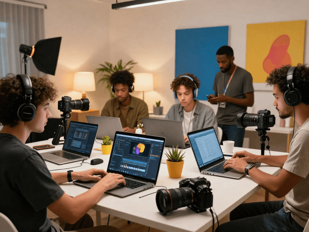Collaborative nsfw content creation workspace with diverse creators engaging in professional production.