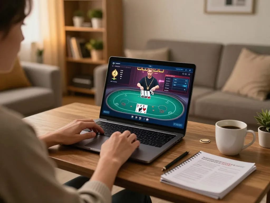 Engage in strategic poker gameplay with sumclub in a cozy home setting, enhancing your gambling experience.