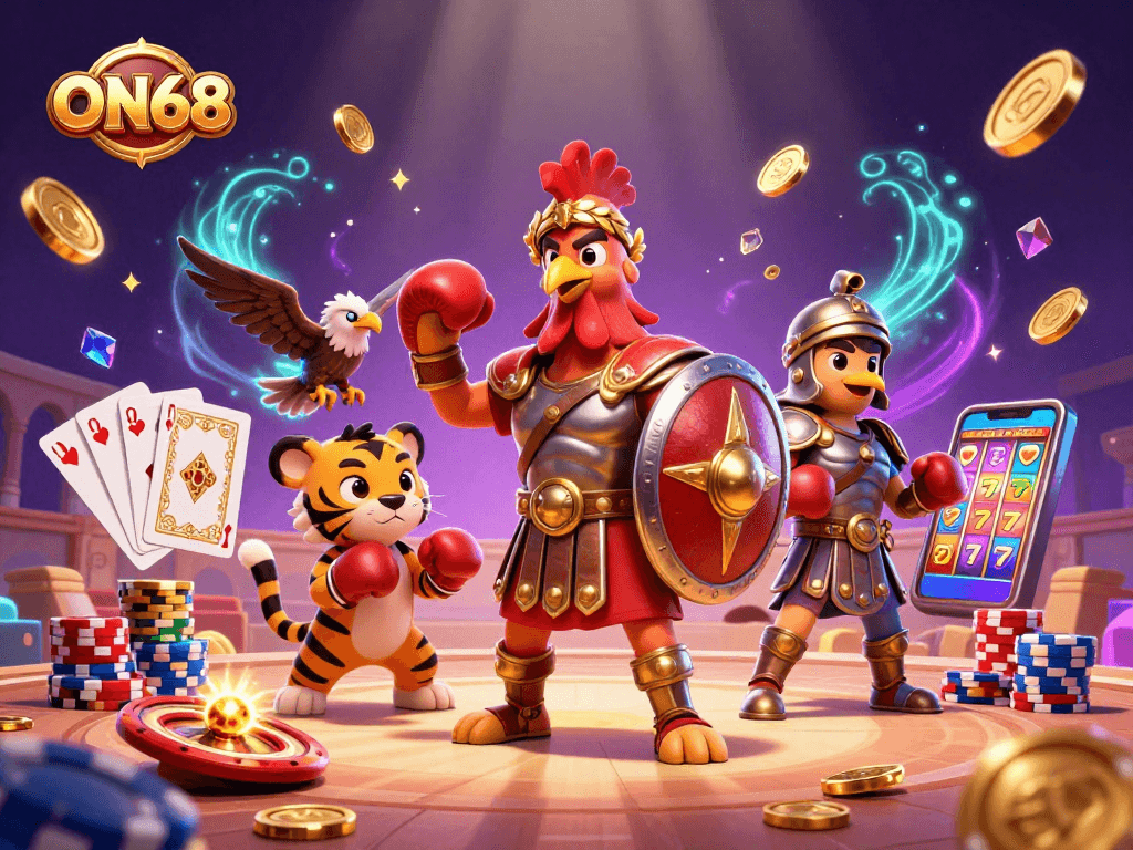 Experience the thrill of ON68 with a dynamic 3D scene featuring a gladiator rooster and tiger cub amidst cascading casino elements.