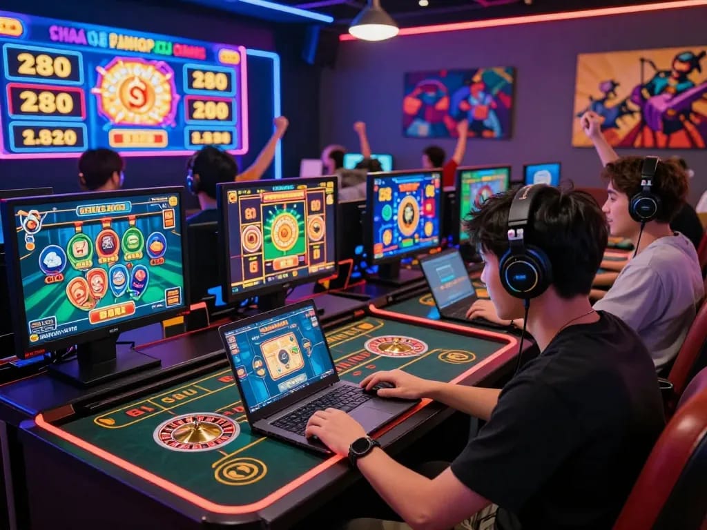 Engaged players experiencing the excitement of nhà cái ZX88's online casino games in a vibrant digital atmosphere.