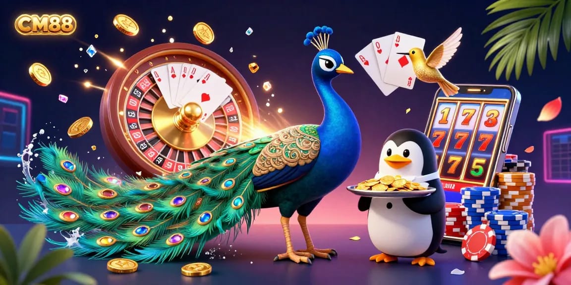 Play thrilling games at CM88 while enjoying vibrant casino graphics and luxurious elements in an engaging scene.