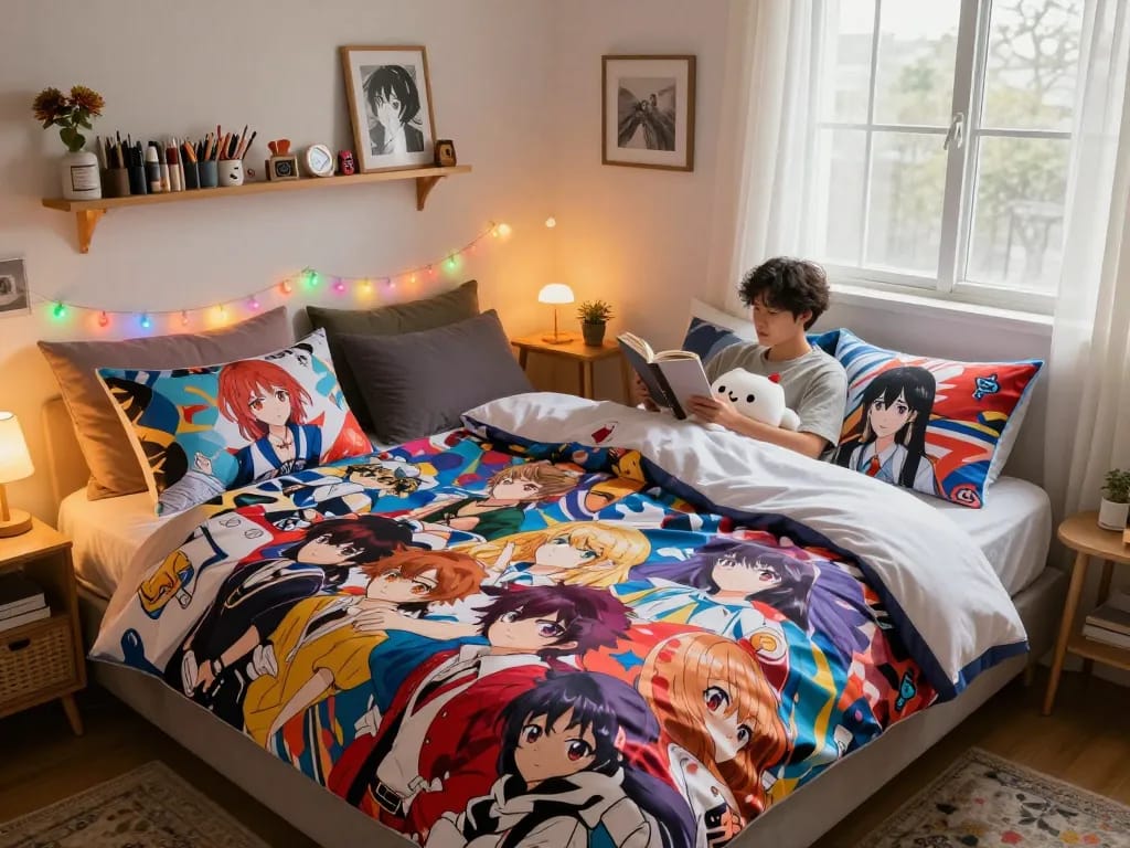 Vibrant custom body pillow cases on a cozy bed with anime characters.