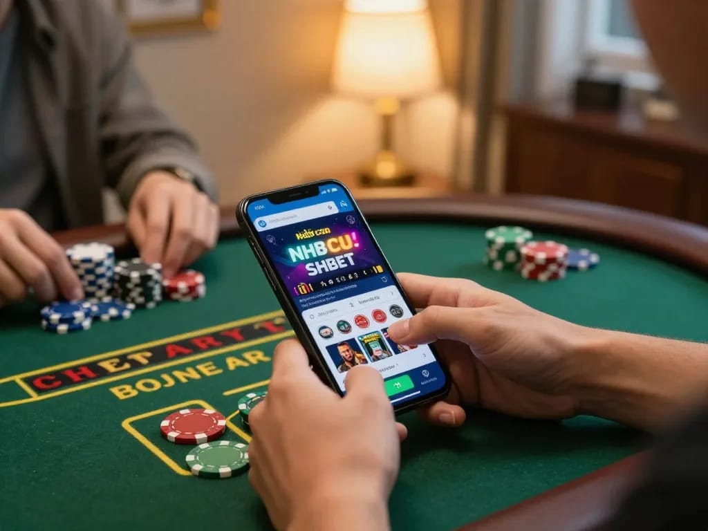 Player engaging with the Nhà cái SHBET app on a mobile device while placing bets, conveying excitement in online gambling.