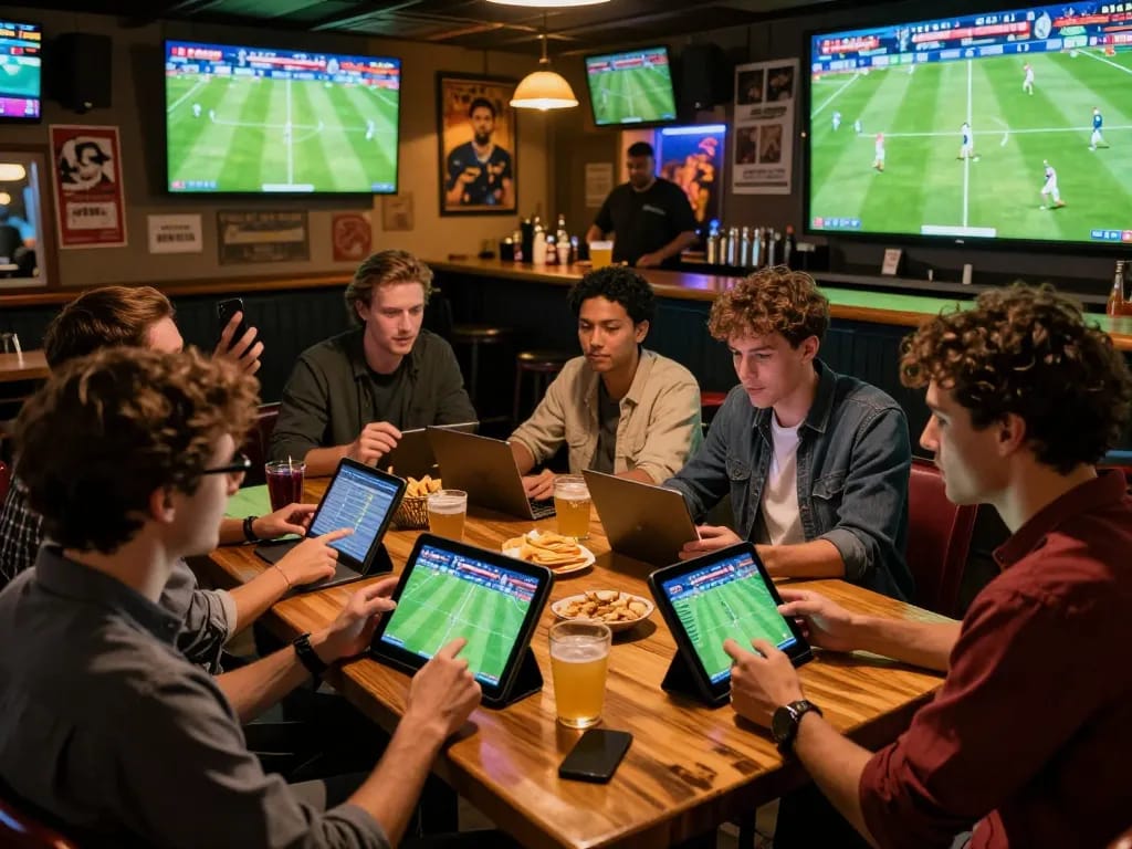 Exciting scene of friends engaging in sports betting at https://9keonhacai.com/ during a live soccer match, showcasing strategic discussions and mobile betting.