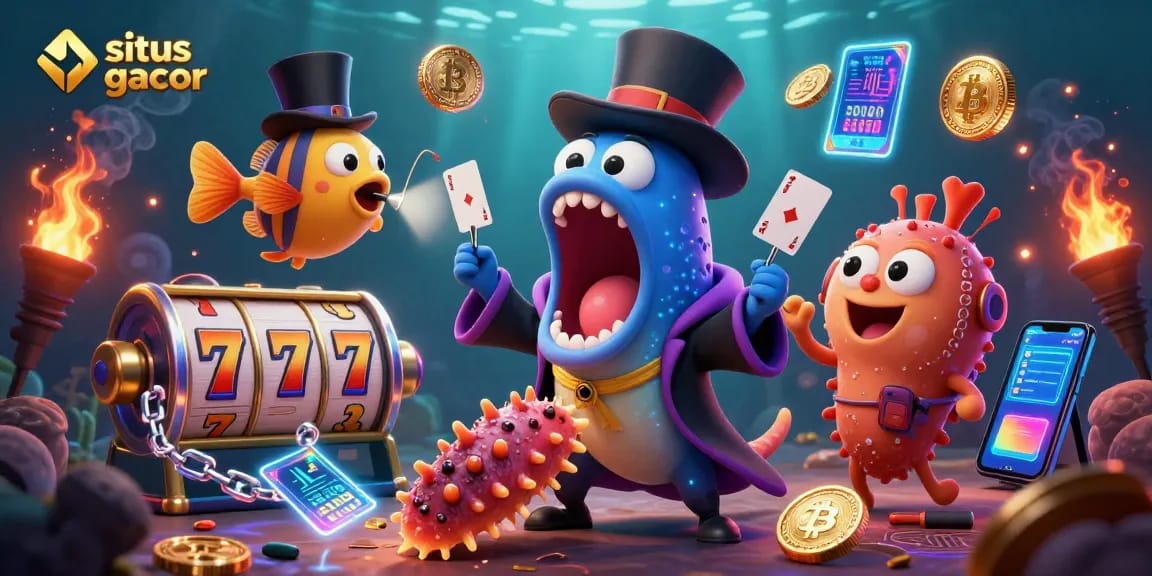 Engage in situs gacor with an exciting display of slot reels and vibrant casino characters.