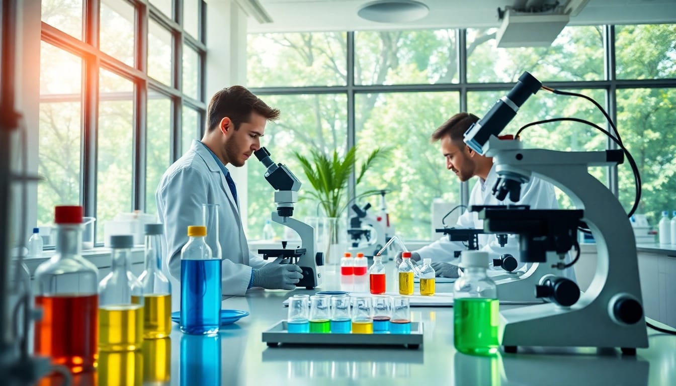Explore Peptides UK research in a modern laboratory with scientists analyzing samples.