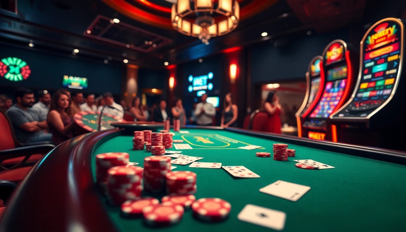 i9bet players excitement at a vibrant casino table with chips and cards