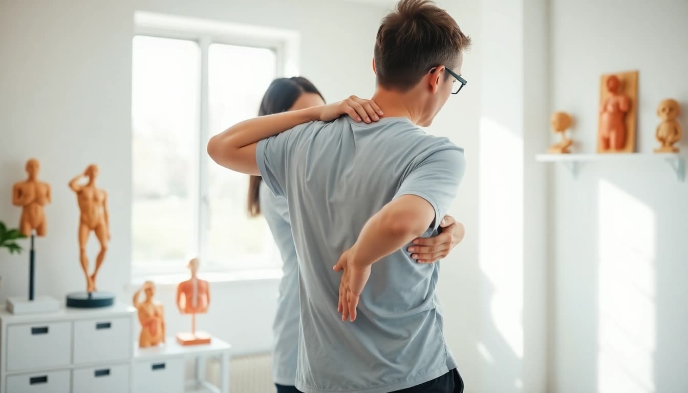 Illustration of lower back pain causes with a therapist assisting a patient in stretching.