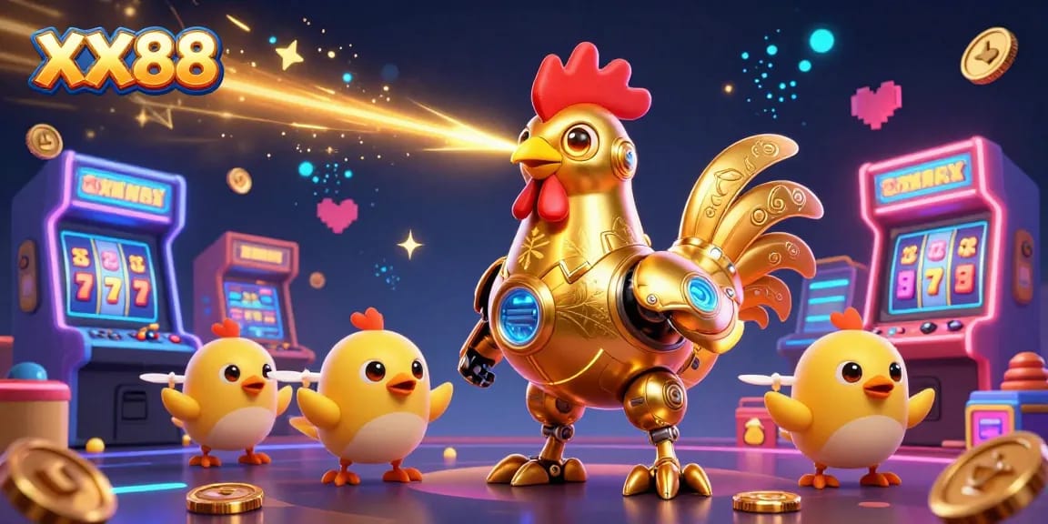 Experience the thrilling world of XX88 as a golden rooster robot and drones engage in a vibrant casino setting.