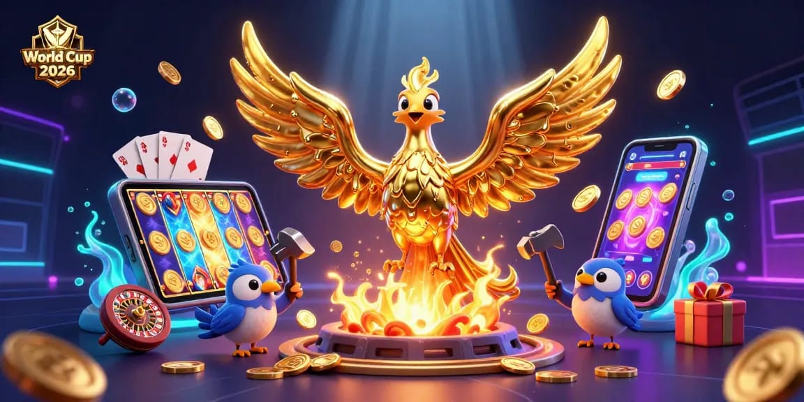 Experience the excitement of World Cup 2026 with vibrant visuals of a golden phoenix, game elements, and rich casino themes.