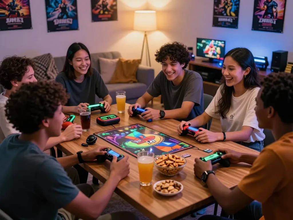 Tải hitclub with friends enjoying an exciting game night, vibrant snacks and cozy decorations.