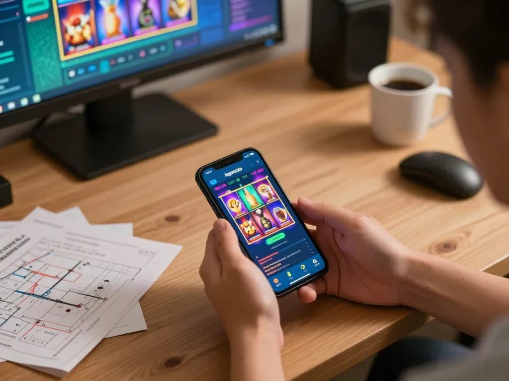 Engaged player enjoying slots on Ngonclub mobile app, showcasing vibrant online gambling.