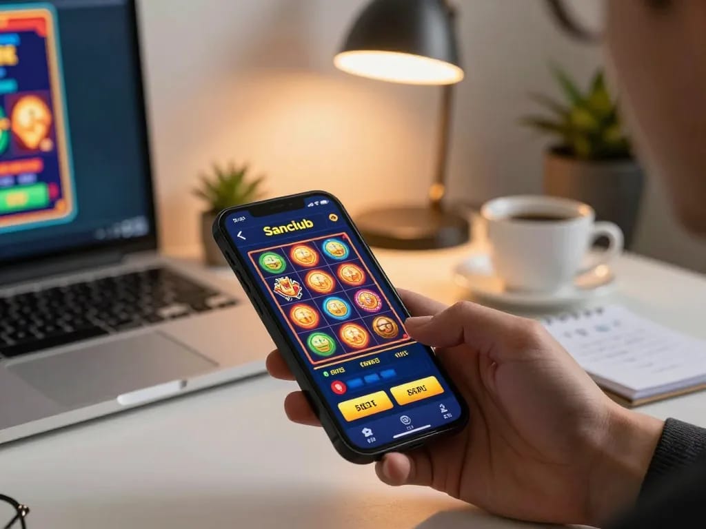 Engaging with the Sanclub casino app while enjoying a strategic gaming setup
