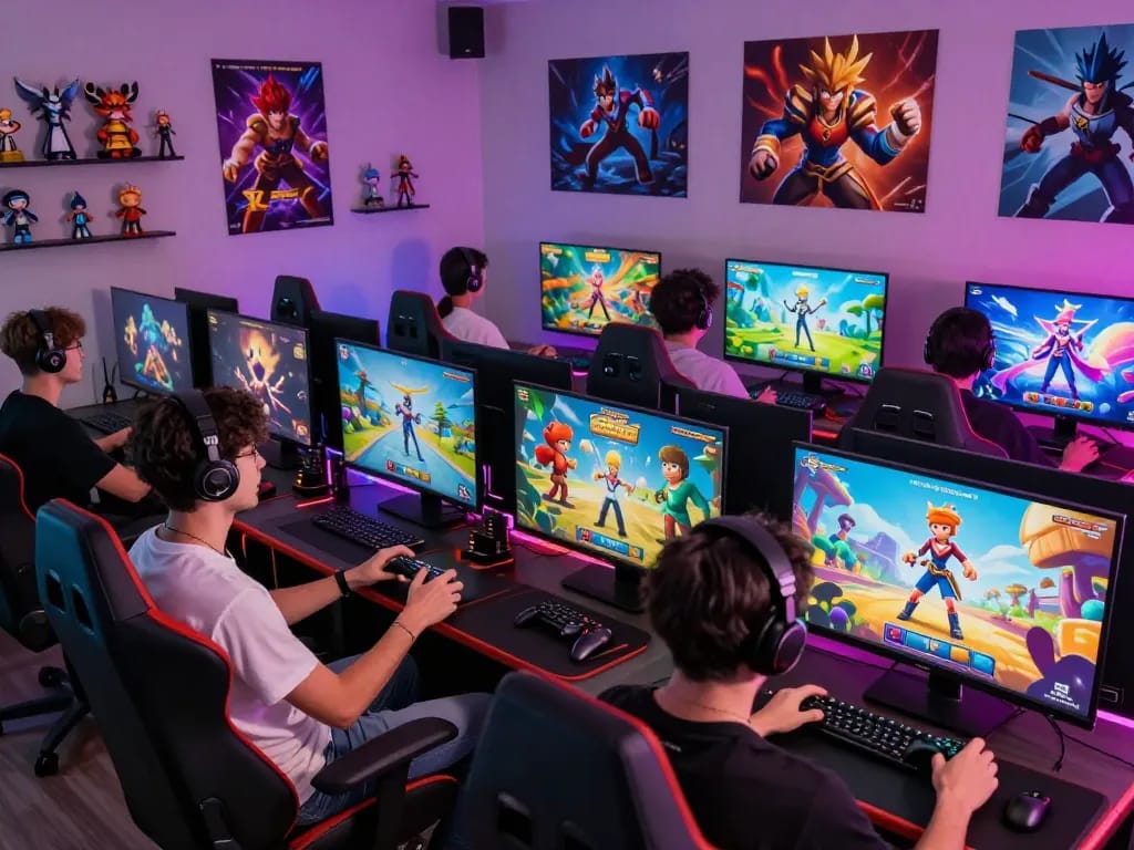 Dynamic gaming scene showcasing players engaged in immersive sex games, vibrant colors, and 3D graphics.