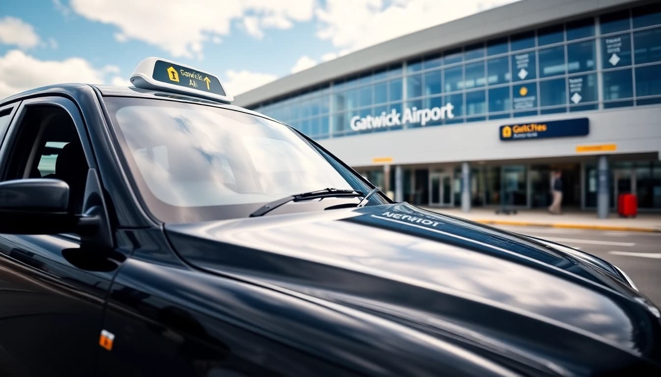Book a reliable taxi from Gatwick Airport with a polished cab waiting for passengers.
