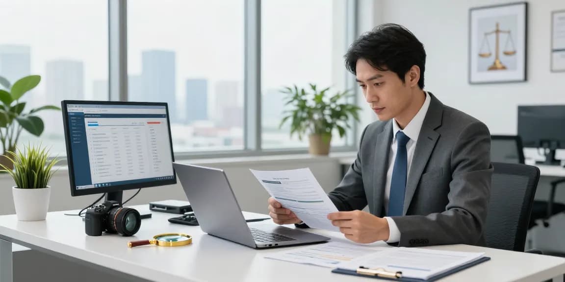 aafikotajakarta.org forensic auditor reviewing financial documents in a modern office setting