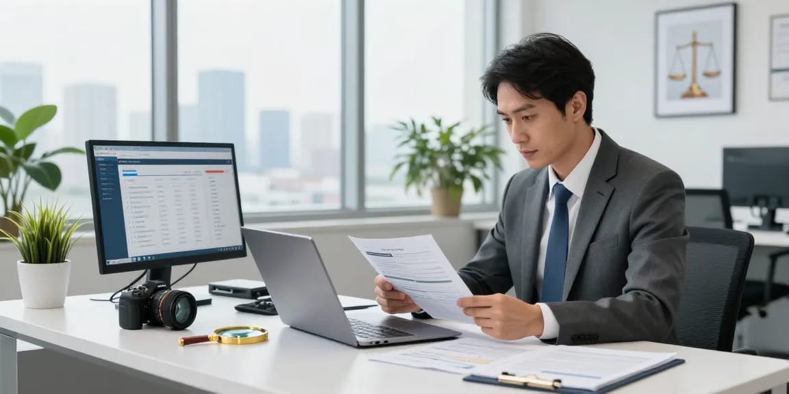 aafikotajakarta.org forensic auditor reviewing financial documents in a modern office setting