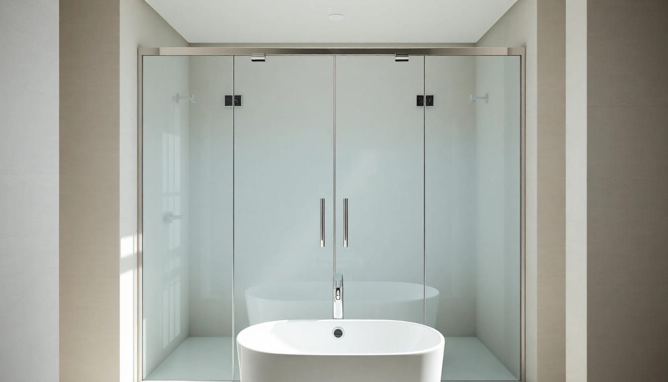 Capture of glass shower doors in a stylish bathroom with polished chrome accents.