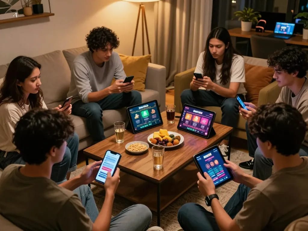 Players engaging with the Bet168 casino app in a cozy home setting, showcasing interactive fun.