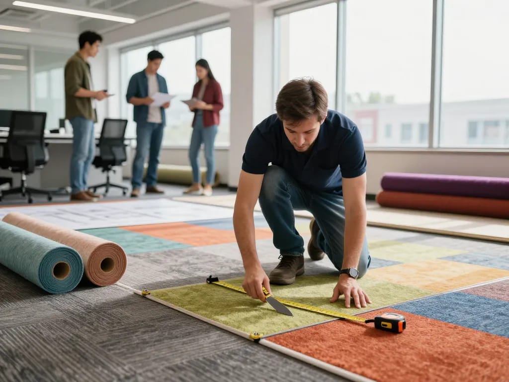 Professional commercial carpet installation process in a bright office setting.