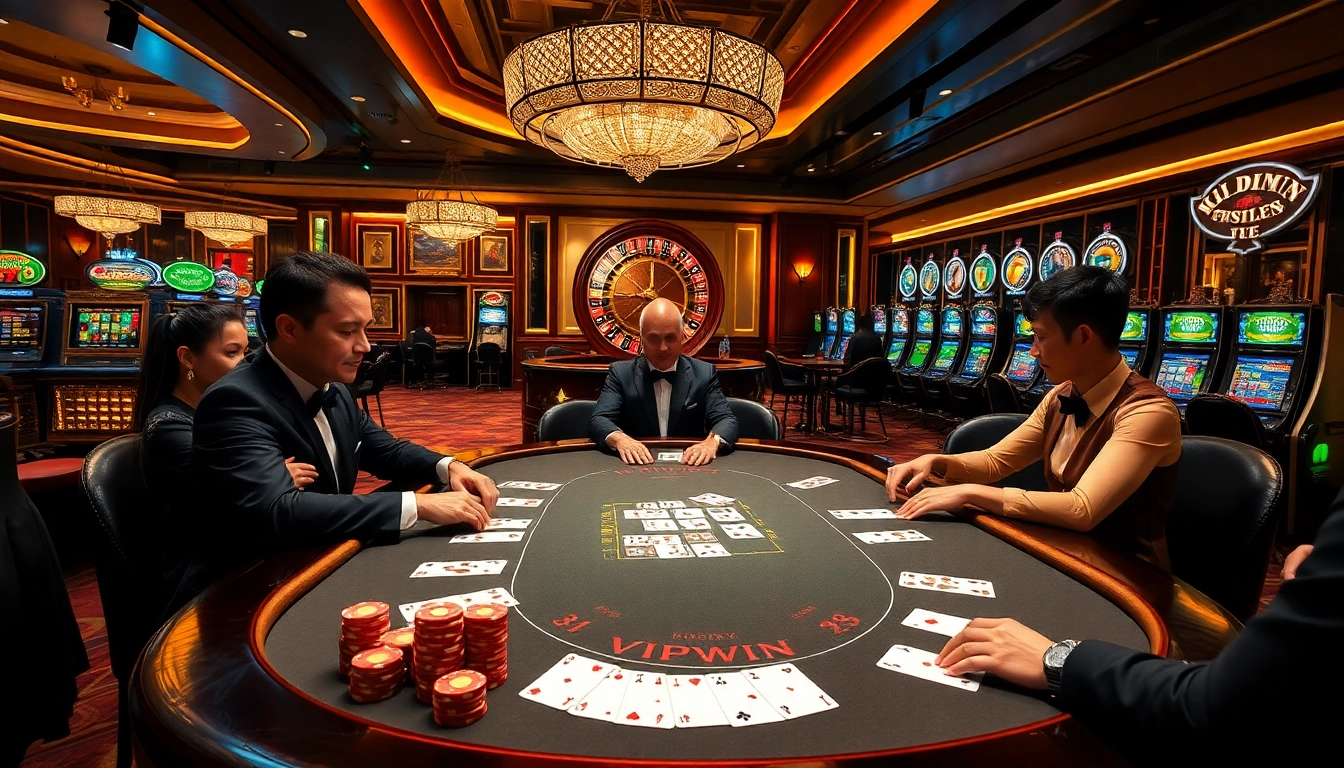 Experience high-stakes action at vipwin’s luxurious casino table featuring poker chips and cards.
