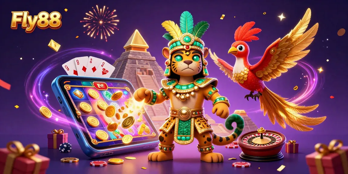 Spin to win with Fly88 in an exciting digital casino realm of vibrant colors and animated game elements.