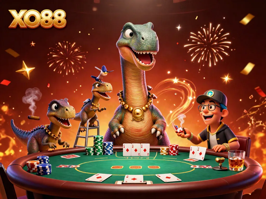 Experience thrilling excitement at XO88 with captivating cartoon scene of gambling and poker action.