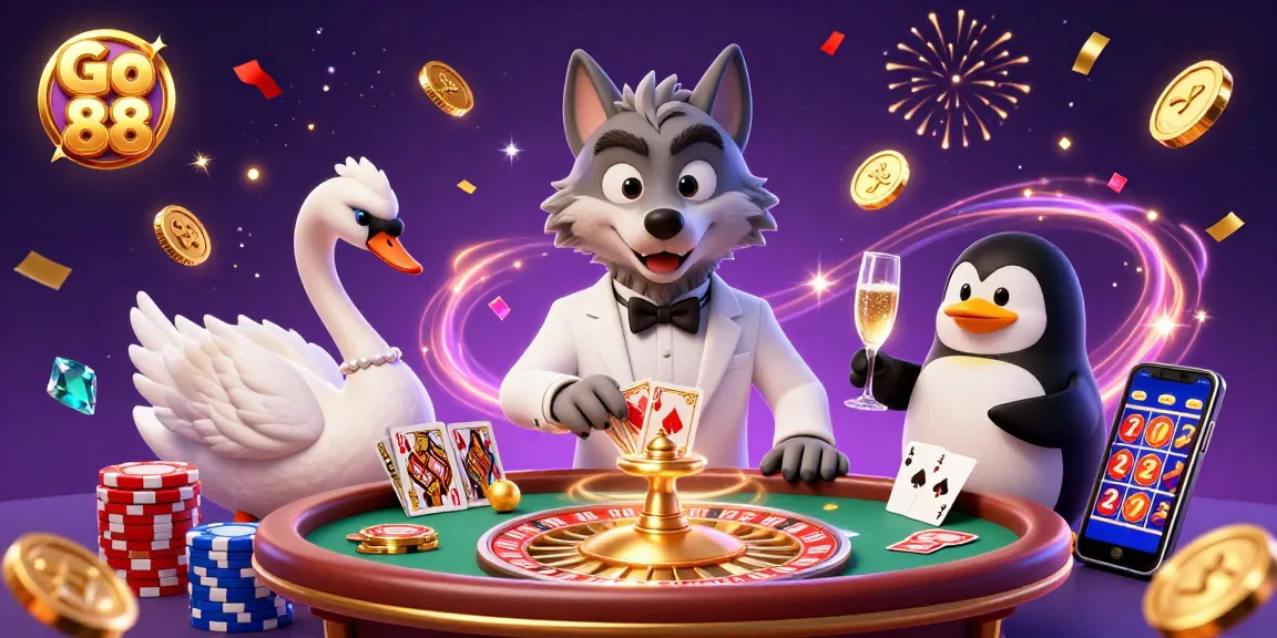 Experience thrilling moments at Go 88 with a debonair wolf, elegant swan dealer, and penguin sommelier.
